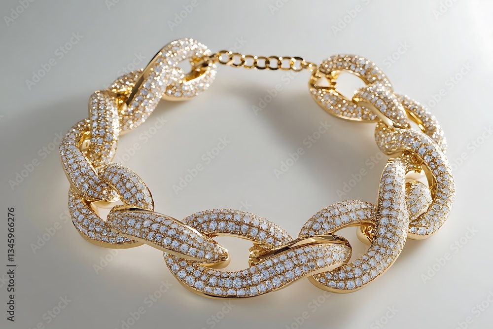 A luxury fashion display of a bold, contemporary diamond necklace, designed with oversized links, on a white matte finish. A luxury fashion display of a bold, contemporary diamond necklace, designed with oversized links, on a white matte finish.