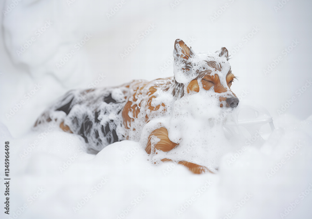 Obraz premium Playful dog enjoying a bubbly bath in fresh snow on a winter day, creating a fun and frothy atmosphere