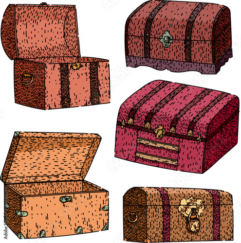 antique chest set sketch hand drawn vector