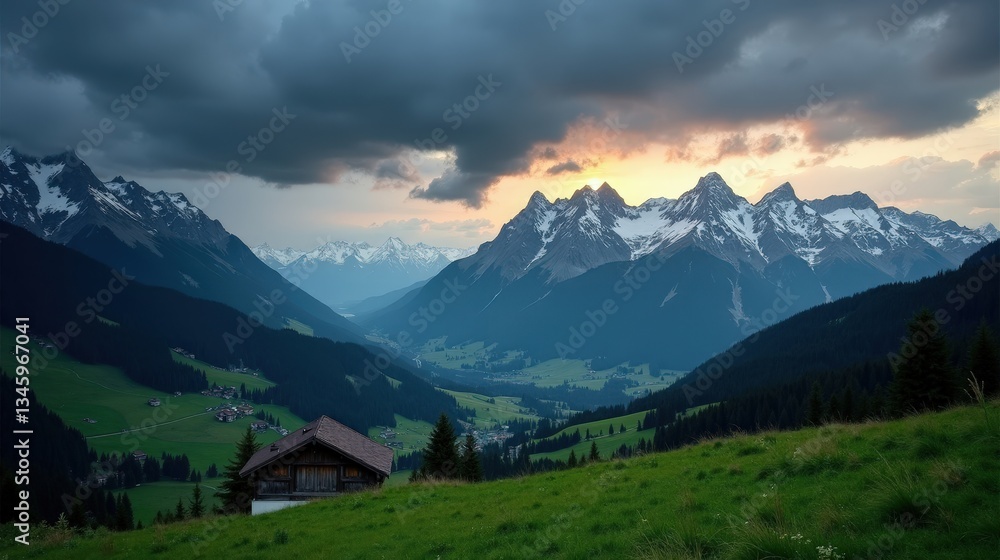 Misty Jura Mountains in Switzerland at dusk under rainy conditions. Dark clouds veil the peaks, with wet foliage glistening in the dim light. A serene, moody landscape. Misty Jura Mountains in Switzerland at dusk under rainy conditions. Dark clouds veil the peaks, with wet foliage glistening in the dim light. A serene, moody landscape.