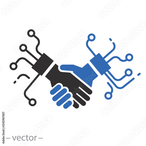 intelligence artificial, digital handshake icon, global partnership, trade revolution technology, flat vector illustration
