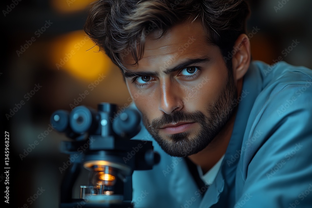 Focused scientist using microscope. Focused scientist using microscope.