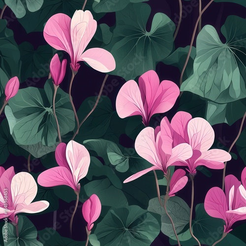 Cyclamen flower plant flora bloom botany seamless pattern ornament design, tile