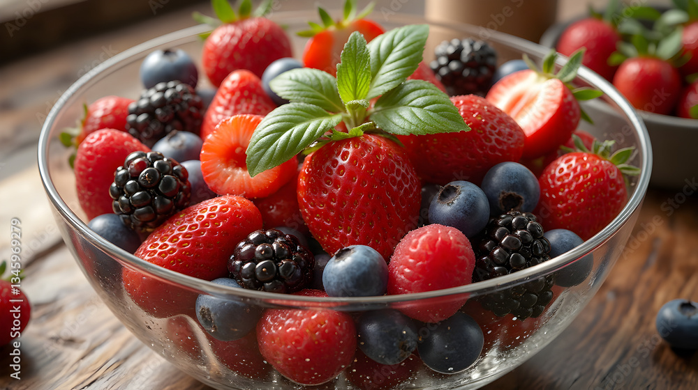 Vibrant Berry Salad with Fresh Mint in a Glass Bowl - Spring Vibrant Berry Salad with Fresh Mint in a Glass Bowl - Spring