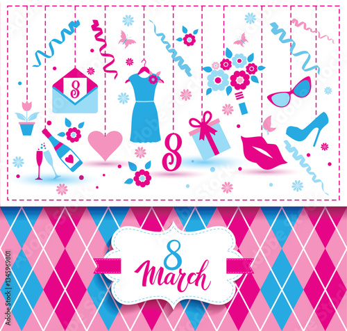 8 March vector bright card of icons.
