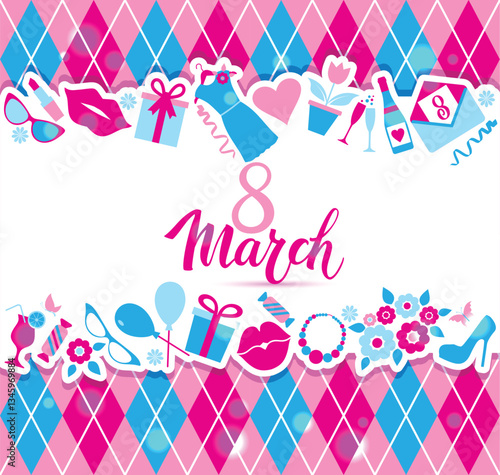 8 March vector card of icons.