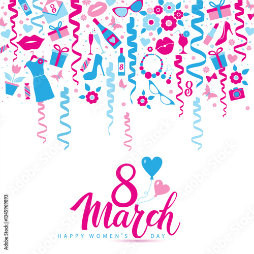 8 March vector card of icons.