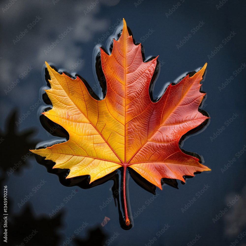 Fototapeta premium Vibrant oak leaf floating on still water, nature's tranquility