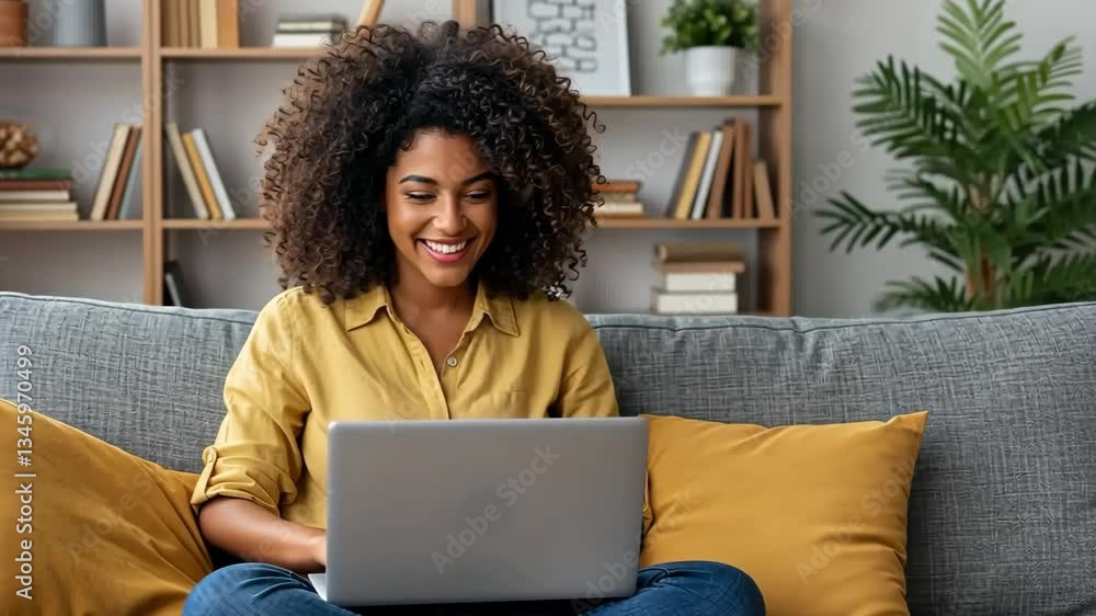 Woman smiling while using a laptop on a couch with pillows and a bookshelf behind her Woman smiling while using a laptop on a couch with pillows and a bookshelf behind her