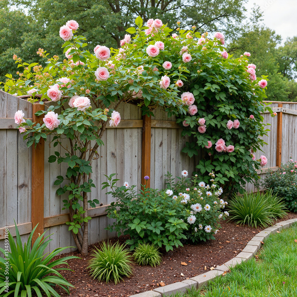 Fototapeta premium Rustic wooden fence adorned with climbing roses, garden elegance