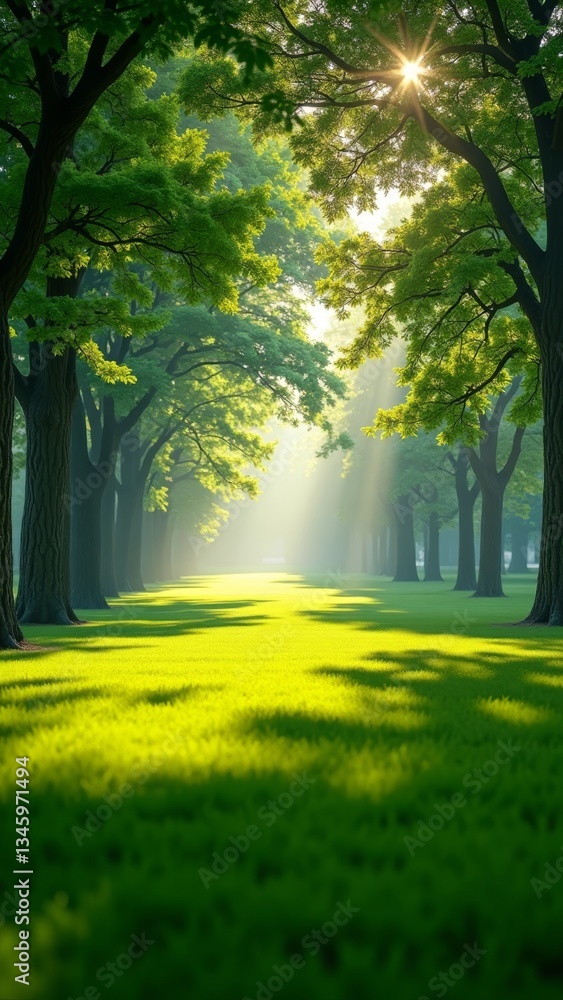 A serene and vibrant green park with a well-manicured lawn and towering trees A serene and vibrant green park with a well-manicured lawn and towering trees
