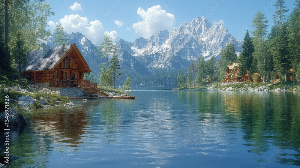 Fototapeta premium Scenic lake with cabins surrounded by mountains and beautiful nature