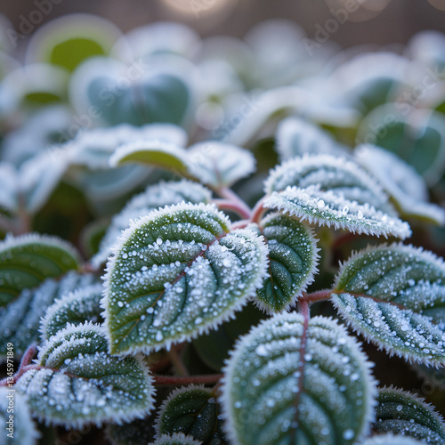 Wallpaper Mural Intricate frost patterns on leaves in early morning light, winter beauty Torontodigital.ca