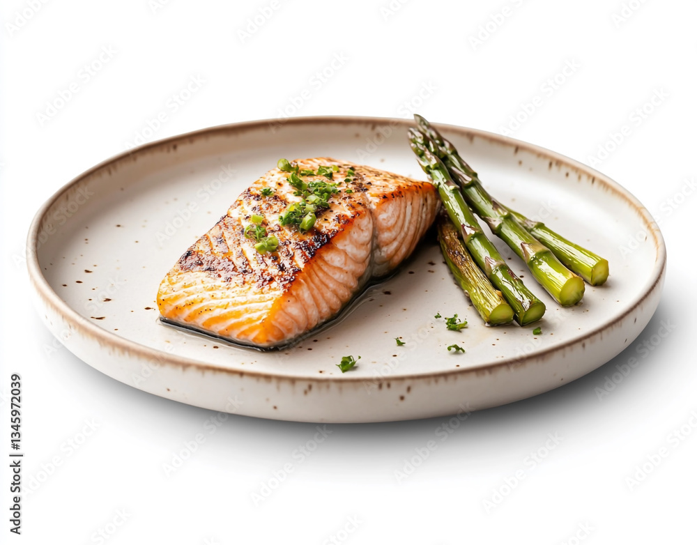 a plate with a grilled salmon fillet and asparaguswhite background a plate with a grilled salmon fillet and asparaguswhite background