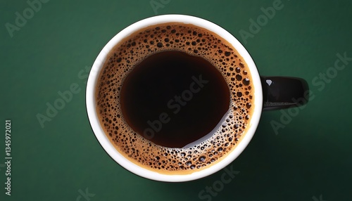 Overhead Coffee Cup for Dark Roast, Green Background.