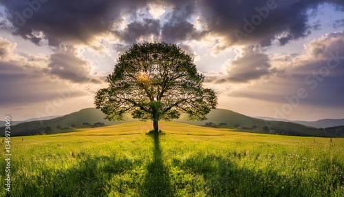 lone tree on meadow with dramatic light and symmetrical composition