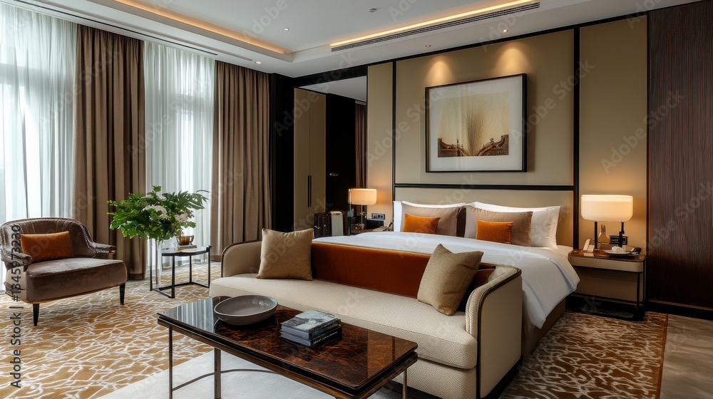 Fototapeta premium Luxurious Hotel Suite Interior King Bed, Plush Seating, and Large Windows