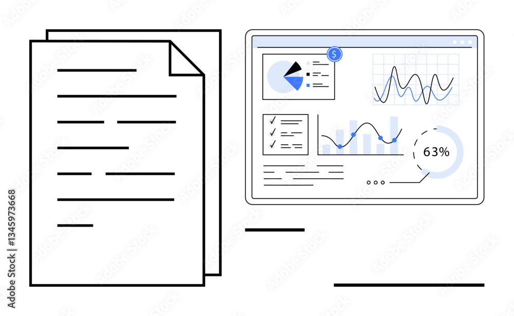Paper document and digital dashboard with charts, graphs, and progress metrics. Ideal for analytics, reporting, productivity, finance, documentation, business strategy flat simple metaphor Paper document and digital dashboard with charts, graphs, and progress metrics. Ideal for analytics, reporting, productivity, finance, documentation, business strategy flat simple metaphor