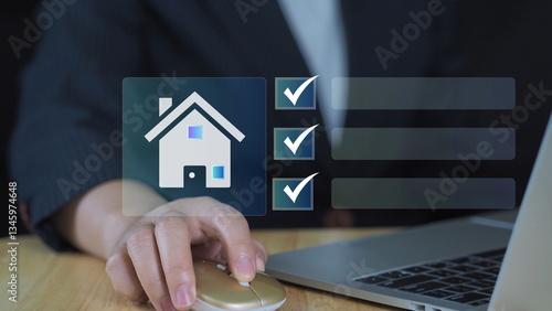 Real estate checklist concept, A professional organizing real estate tasks on a laptop using a digital checklist, streamlining property management and housing investments with innovative tools.