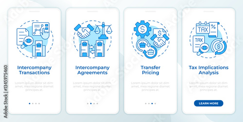 Intercompany transaction work blue onboarding mobile app screen. Walkthrough 4 steps editable graphic instructions with linear concepts. UI, UX, GUI template. Montserrat SemiBold, Regular fonts used