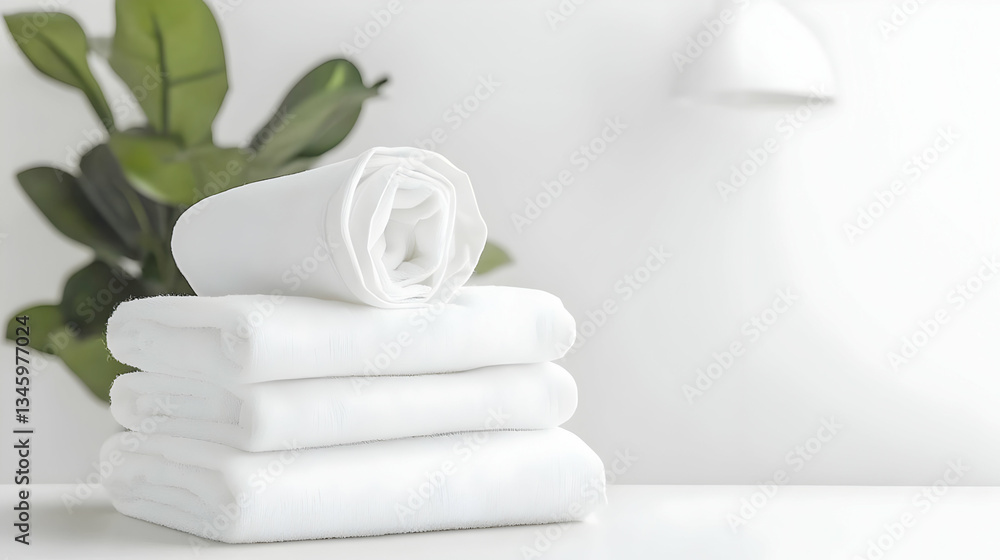 Stack Of White Rolled And Folded Towels With Green Plant And White Lamp In Clean Bright Bathroom Stack Of White Rolled And Folded Towels With Green Plant And White Lamp In Clean Bright Bathroom