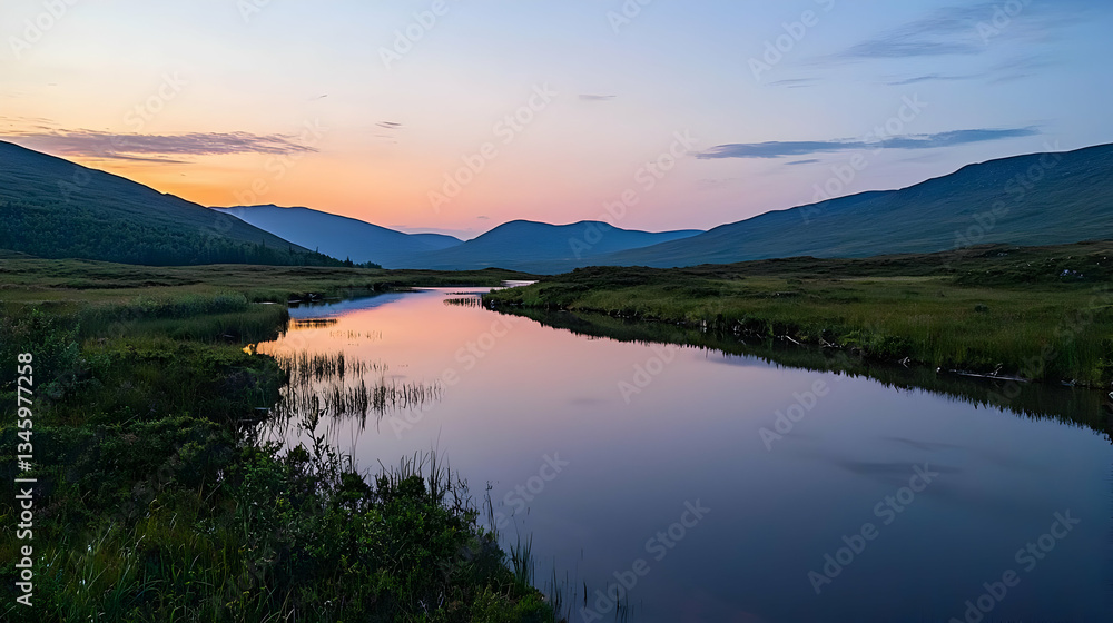 Fototapeta premium Reflective River Landscape At Sunset With Tranquil Mountain Backdrop And Calm Evening Sky