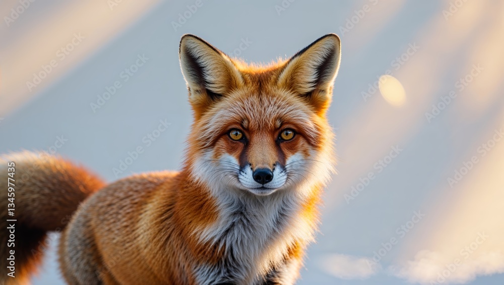 Fototapeta premium Fox stands gracefully in soft sunlight against a blurred background in a serene natural setting