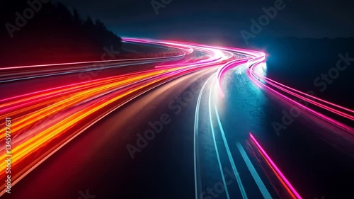 Winding road through mountains at sunrise. Vibrant light trails paint a scenic path