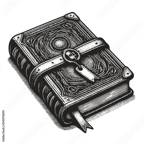 Artistic leather journal adorned with an antique-style bookmark sketch
