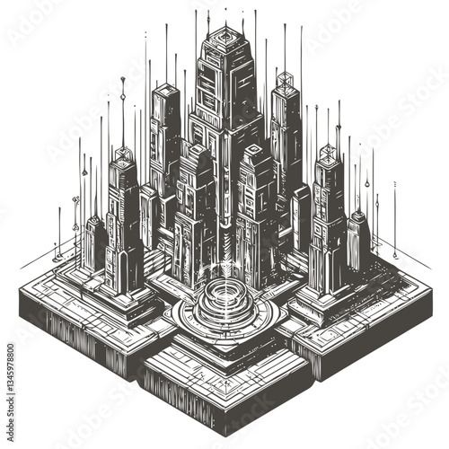 Intricate illustration of a futuristic skyscraper towering above urban skyline
