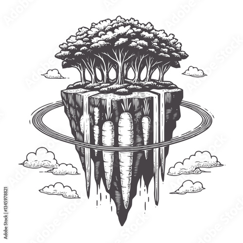 Detailed hand-drawn carrot island with magical cascading waterfalls