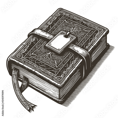 Hand-drawn leather notebook illustration with a historical bookmark design