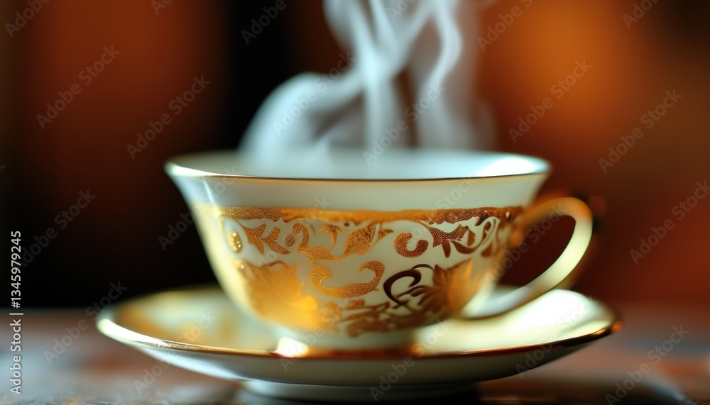 Fototapeta premium Elegant tea cup with golden pattern and steam for cozy dining experiences