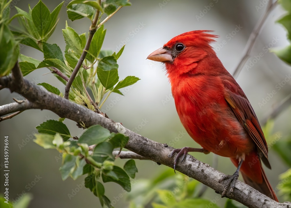 Fototapeta premium A Northern Red Cardinal bird in a tree. Close up red bird. beautiful red bird on a branch. 