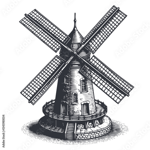 Engraved artistic windmill with stone base and rotating blades in countryside
