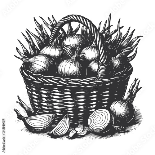 Illustrative artwork featuring onions in a woven basket with peeling skins