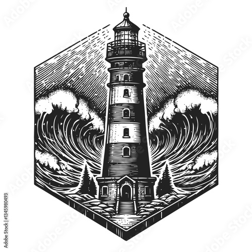 Classic stormy lighthouse scene with turbulent sea engraving art