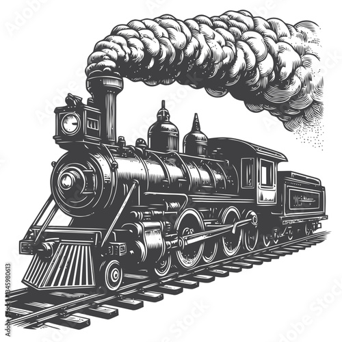Hand-drawn vintage locomotive with bold smoke trails in engraving style