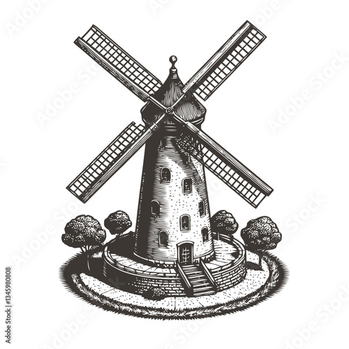 Traditional engraving of a windmill with robust stone base and turning blades