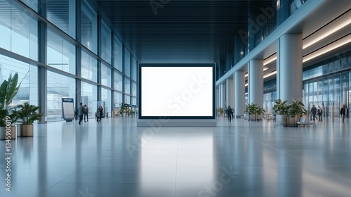 Large digital advertising board in a modern airport terminal. Commercial branding