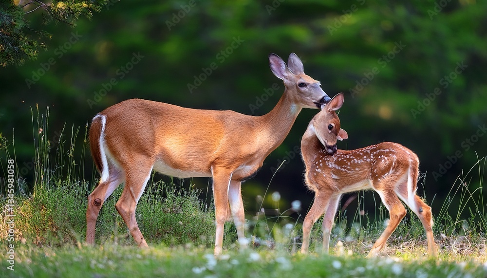 Obraz premium white tailed deer odocoileus virginianus licks her fawn