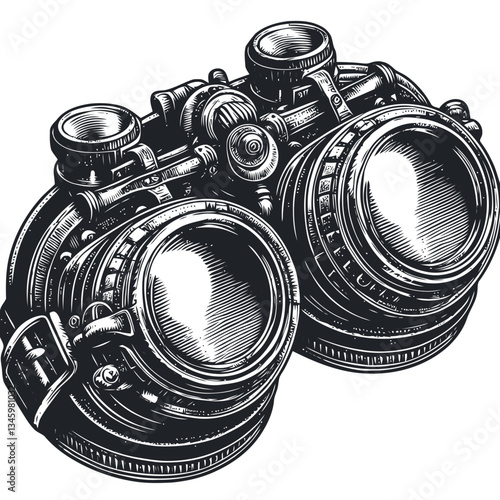 Illustration of steampunk goggles with intricate adjustable lenses and metallic aesthetics