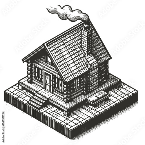 Rustic wooden cabin with chimney smoke illustrated in snowy forest