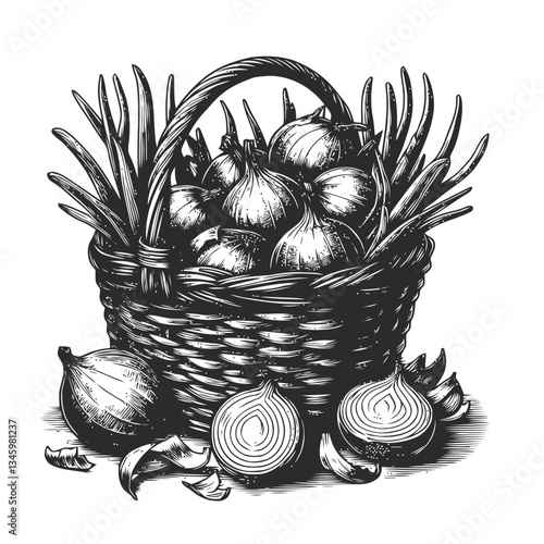 Artistic depiction of onions with natural peeling skins in a basket
