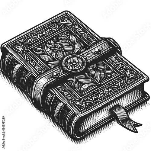 Detailed sketch of a leather journal with a rustic antique bookmark