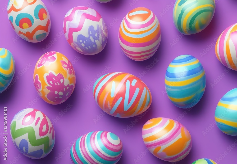Vibrant Colorful Easter Eggs on Purple Background Ideal for Spring Celebrations, Crafts, and Holiday Decorations with Unique Patterns and Designs Vibrant Colorful Easter Eggs on Purple Background Ideal for Spring Celebrations, Crafts, and Holiday Decorations with Unique Patterns and Designs