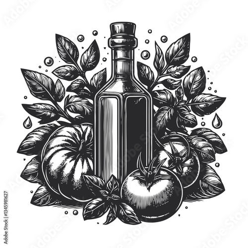 Engraved art of oil bottle surrounded by fresh basil and tomatoes