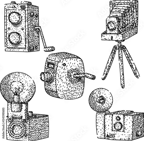 vintage camera set sketch hand drawn vector