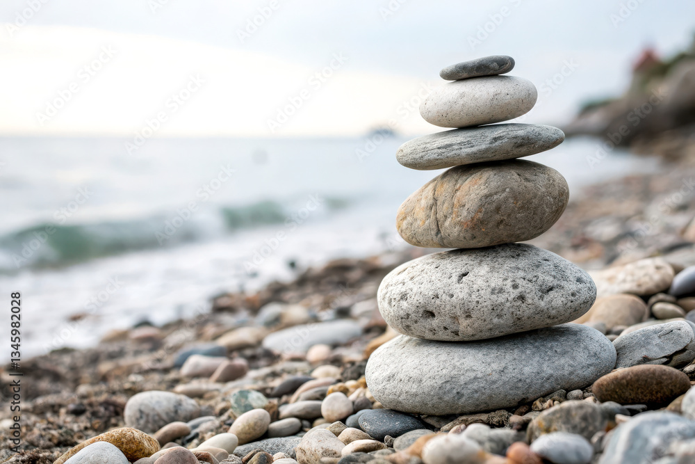 Fototapeta premium A serene stack of smooth stones balances on a pebbly beach, with gentle waves lapping at the shore under a softly cloudy sky.