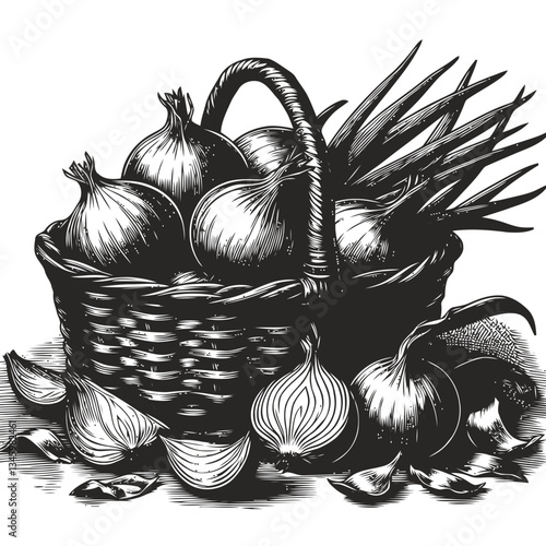 Vintage rustic basket filled with onions and their peeling skins